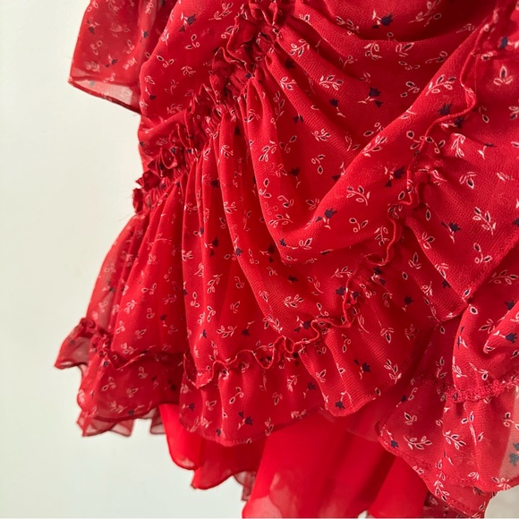 Misa Los Angeles Darla Red Floral Off Shoulder Tiered Ruffle Mini Dress L (JJ) - Picture 5 of 7